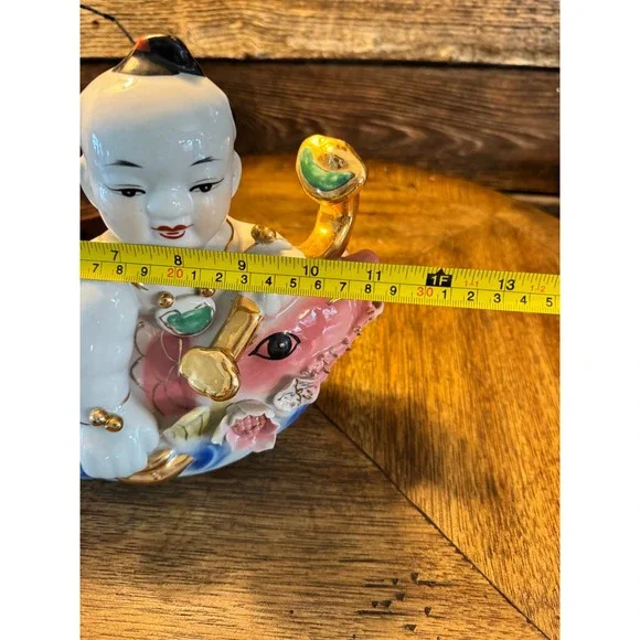 Vintage Chinese Porcelain tongzi Riding Koi Fish Figurines Gold Gilt Pair 2pc